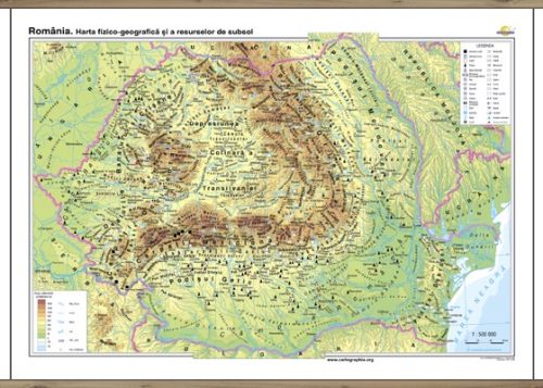 România. Harta fizico-geografică şi a resurselor naturale de subsol - bilingv