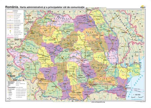 România. Harta administrativă şi a principalelor căi de comunicaţie - bilingv