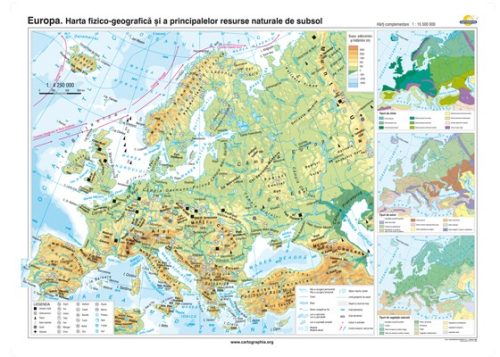 Europa. Harta fizico-geografică şi a principalelor resurse naturale de subsol