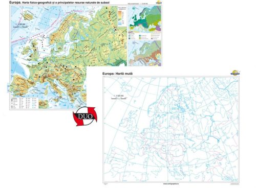 Europa. Harta fizico-geografică şi a principalelor resurse naturale de subsol – Duo