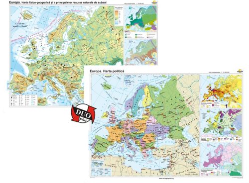 Europa. Harta fizico-geografică şi a principalelor resurse naturale de subsol şi Europa. Harta politică – Duo Plus