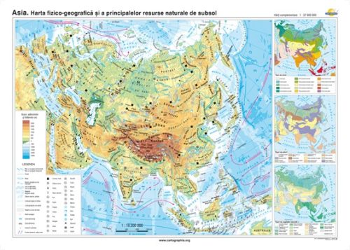 Asia. Harta fizico-geografică şi a principalelor resurse naturale de subsol