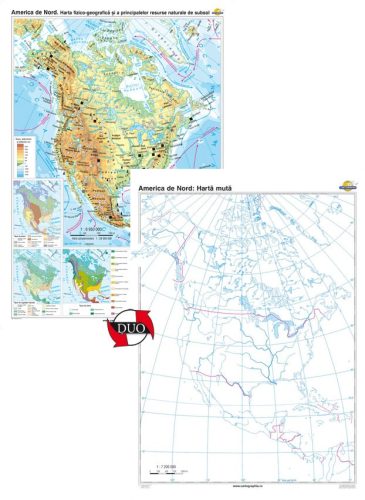 America de Nord. Harta fizico-geografică şi a principalelor resurse naturale de subsol – Duo