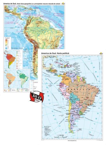 America de Sud. Harta fizico-geografică și a principalelor resurse naturale de subsol și America de Sud. Harta politică – Duo Plus