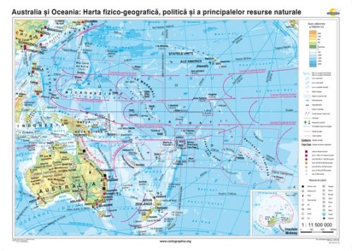 Australia şi Oceania. Harta fizico-geografică, politică şi a principalelor resurse naturale