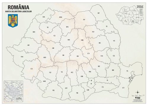 Hartă de perete România cu delimitarea județelor 